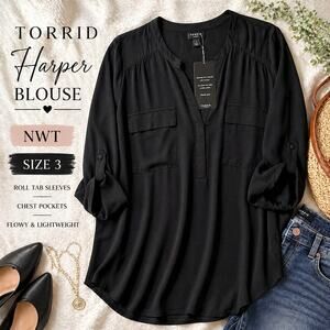 Torrid Harper Black Blouse Size 3 NWT Roll Tab Sleeve Flowy Top